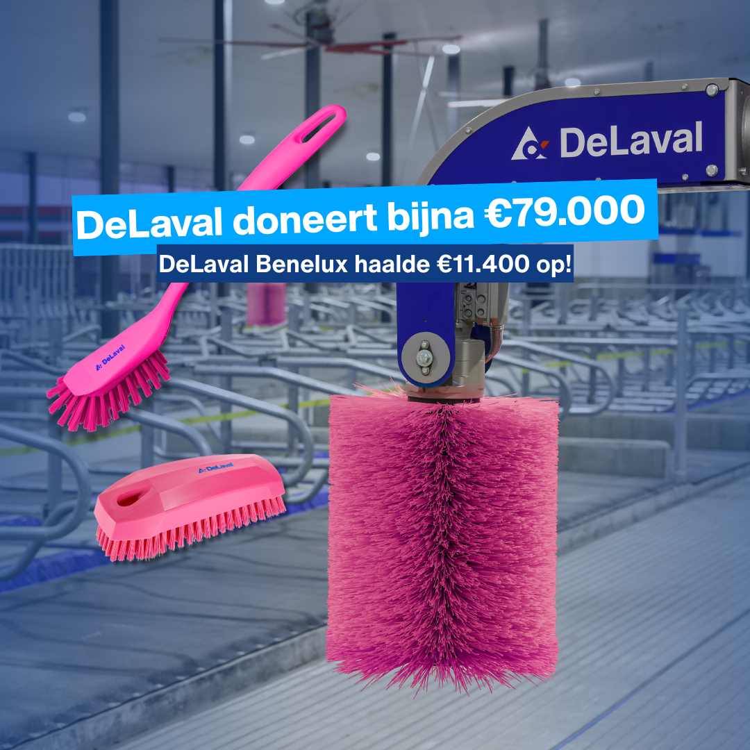 De speciale roze editie van de DeLaval afwasborstel, nagelborstel en vervangingsborstel van de Flexibele koeborstel. Met de tekst dat er 79.000 euro is opgehaald voor kankerbestrijding.